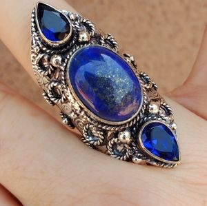 New Lapis Lazuli & Blue Topaz 925 Silver Statement Ring.